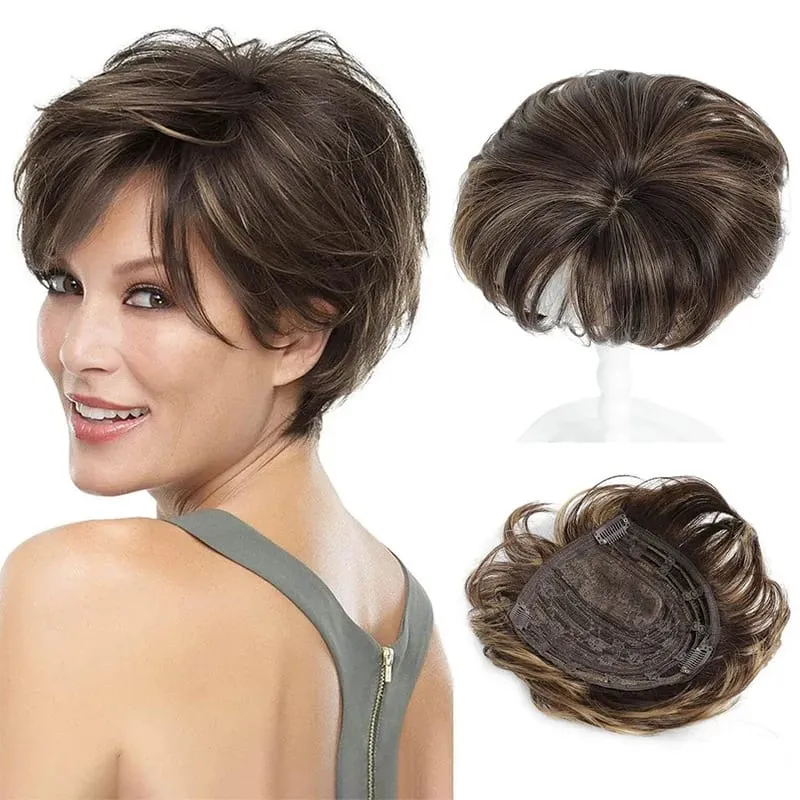 Synthetic 6inch Short Straight Topper Hairpiece Clip in Hair Extensions Natural Fluffy Head Top Hair Piece Replacement Cover — image 9