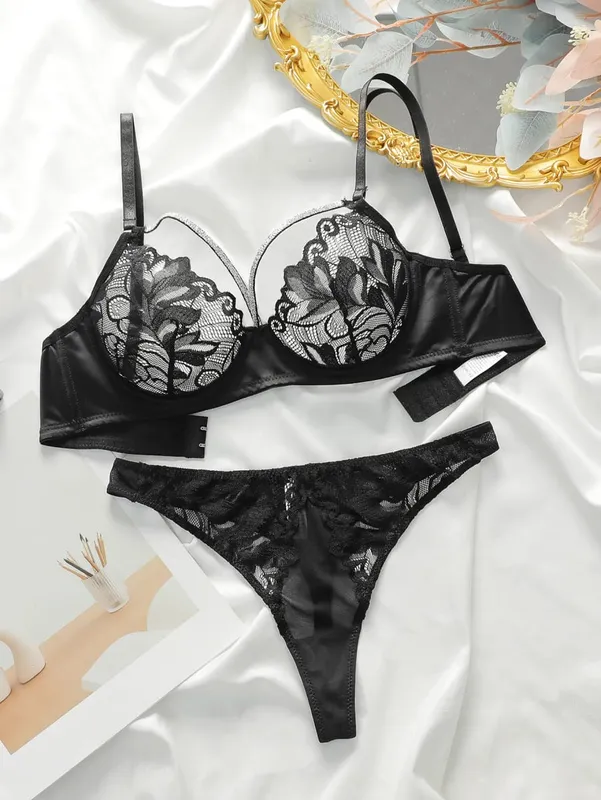 Sexy Black Lace Underwire Unpadded Bra & Panty Set Demi Cup Push Up Bras for Women Matching Lingerie Set Valentine's Day