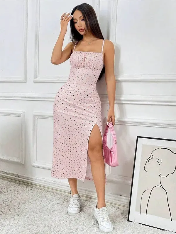 Y2K Elegant Women's Clothing SummerTrend Flower Print Spaghetti Strap Sleeveless with High Slit Ladies Bodycon Vintage Dresses