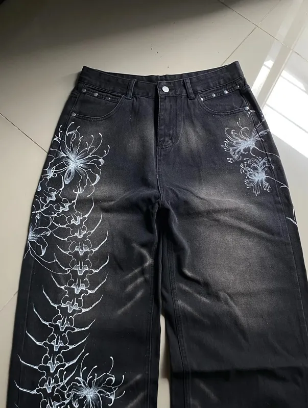 Y2K Vintage Gothic High Street Denim Black Wash Gradient Spine Spider Lily Print Wide Leg Jeans — image 5