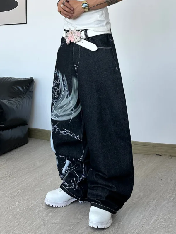 Men's High Street Dark Anime Character Thorn Print Black Baggy Wide-Leg Jeans Y2K Street Hip-Hop Punk Fashion Versatile Pants — image 7