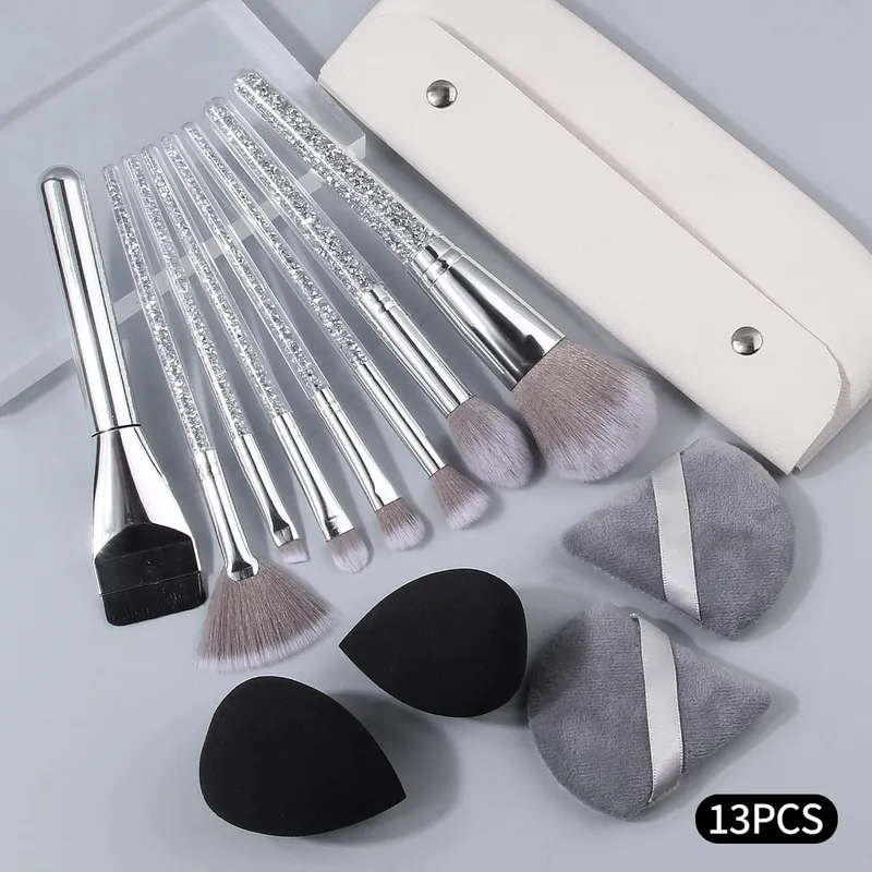 13PCS Silver Makeup Brush Set Plastic Transparency Diamond Handle Makeup Tool Set Makeup Gift Set Professional Makeup Brushes