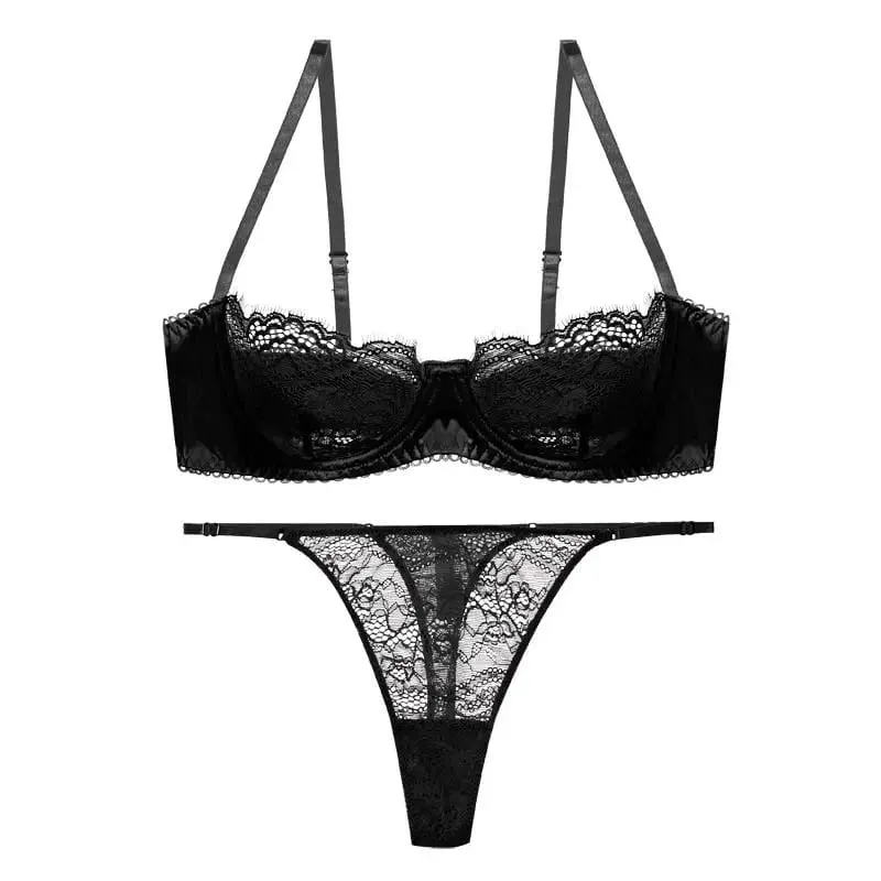 Sexy Lace 1/2 Cup Bra Set for Women Ultra-thin Lingerie French Black Brassiere and Thongs Sets Underwire Underwear
