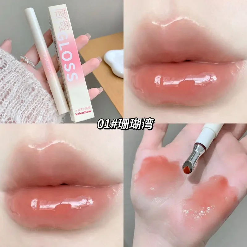 Kakashow 미러 하이드레이팅 립스틱(아이언 브러쉬 팁) 젤 립 글로스 하이드레이팅 립 글로스 6가지 천연 누드 쉐이드 화장품