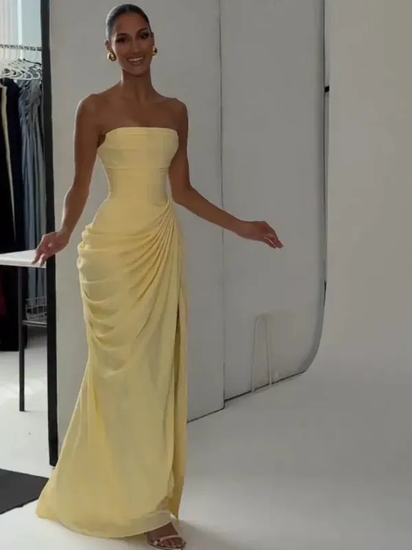 Elegant Yellow Strapless Pleated Dress Women Chic Sleeveless Waist Cinching Split Maxi Gowns 2026 Lady Evening Party Dresses — image 5