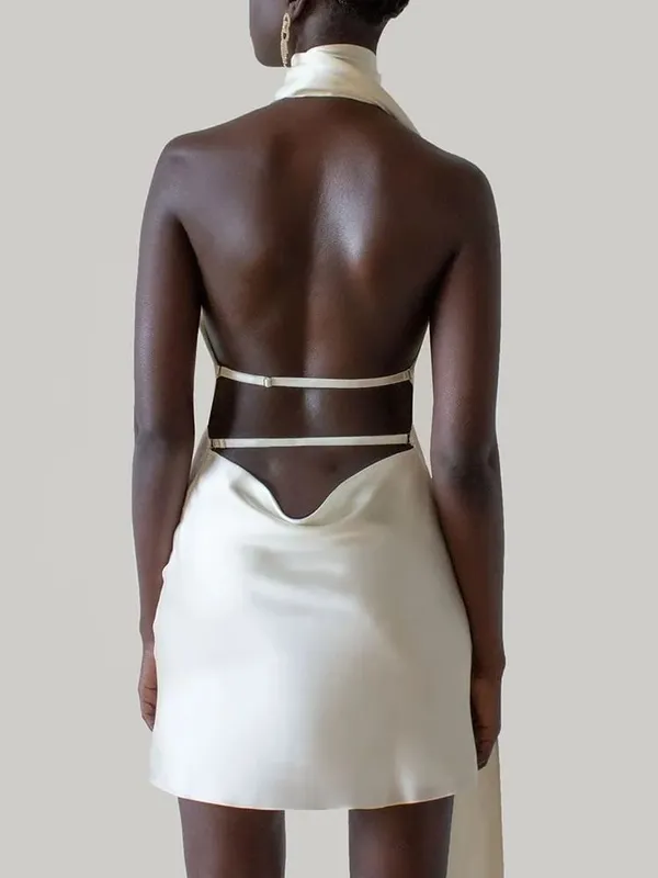 Vgh retalhos vestidos formais para mulheres gola halter fora do ombro sem mangas cintura alta sem costas cetim mini vestido estilo feminino — image 5
