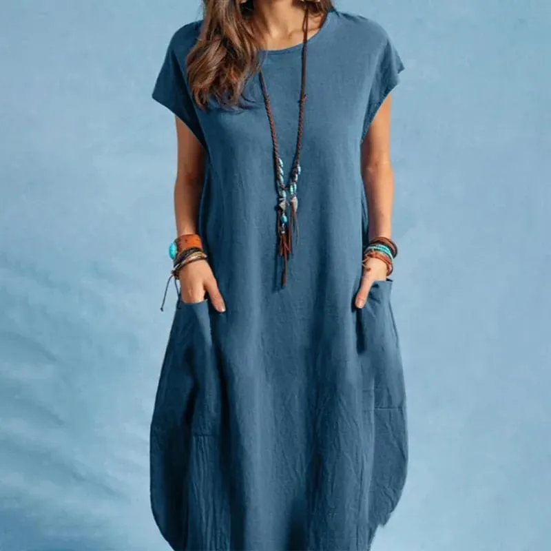 Summer Casual Cotton Dress for Woman O-Neck Short Cap Sleeve Loose Cotton Knee-Length Dress Vacation Day Wear Robes Femme