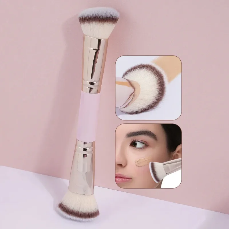 Double Head Makeup Brushes 2 In 1 Flat/Angled Foundation Concealer Contour Brush para sa Blending Loose Powder Liquid Cream — image 2