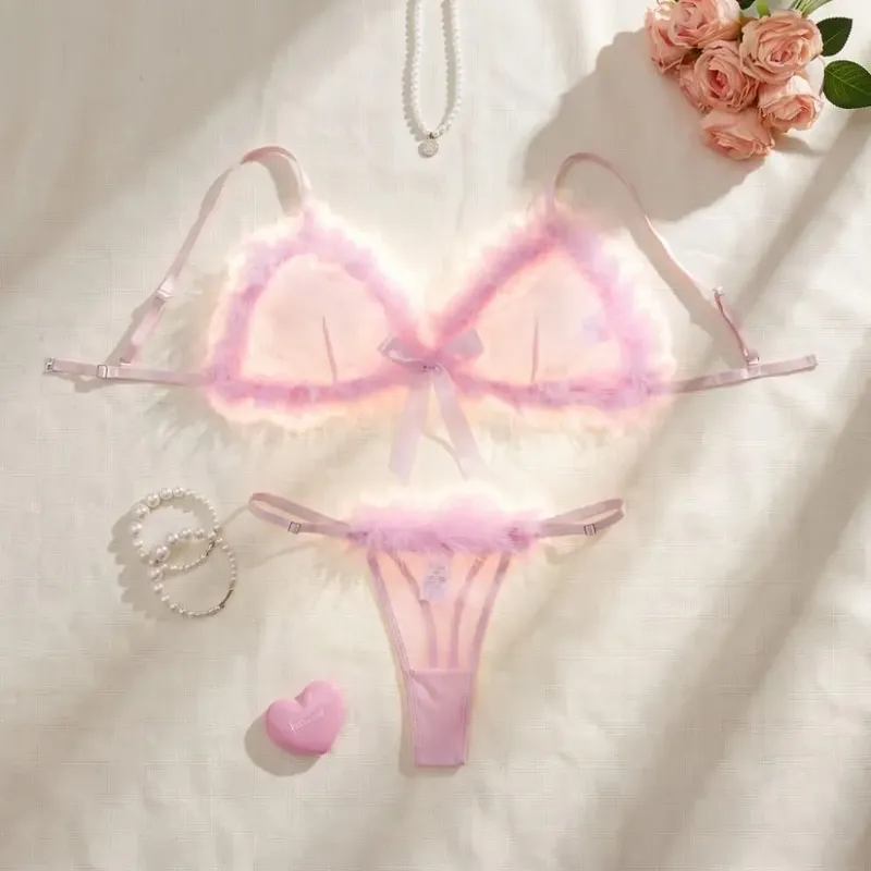 Furry Women's Underwear Mesh Transparent Bow Decor Lingerie Set Romantic Intimate Wireless Bra Panties Suit Anniversary — image 3