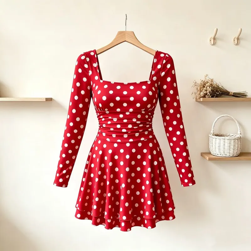 Women's Autumn Polka Dot Print Square Neck Long Sleeve Dress Waist Cinched A-Line Mini Skirt Sexy Fashionable Length