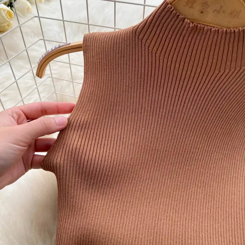 Brown Sleeveless Mini Dress Women's Mock Neck Sundress Flared Stretchy Ribbed Knit A-Line Casual Summer Party Vacation Dress