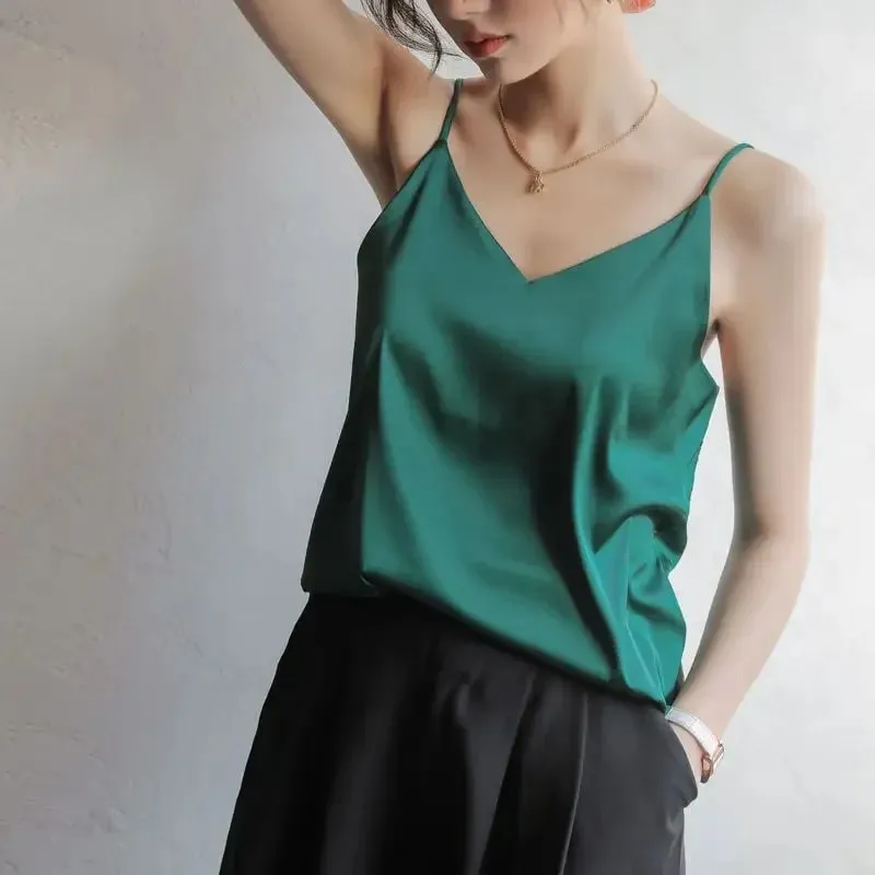 Women Halter V Neck Basic White Cami Spaghetti Strap Top Sleeveless Satin Silk 2026 Tank Tops Women'S Summer Camisole — image 19
