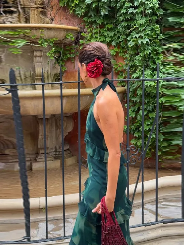 Floral impressão halter pescoço recorte maxi vestido em camadas plissado sem mangas 2026 verão feminino vestido de férias moda boho senhora vestido — image 5