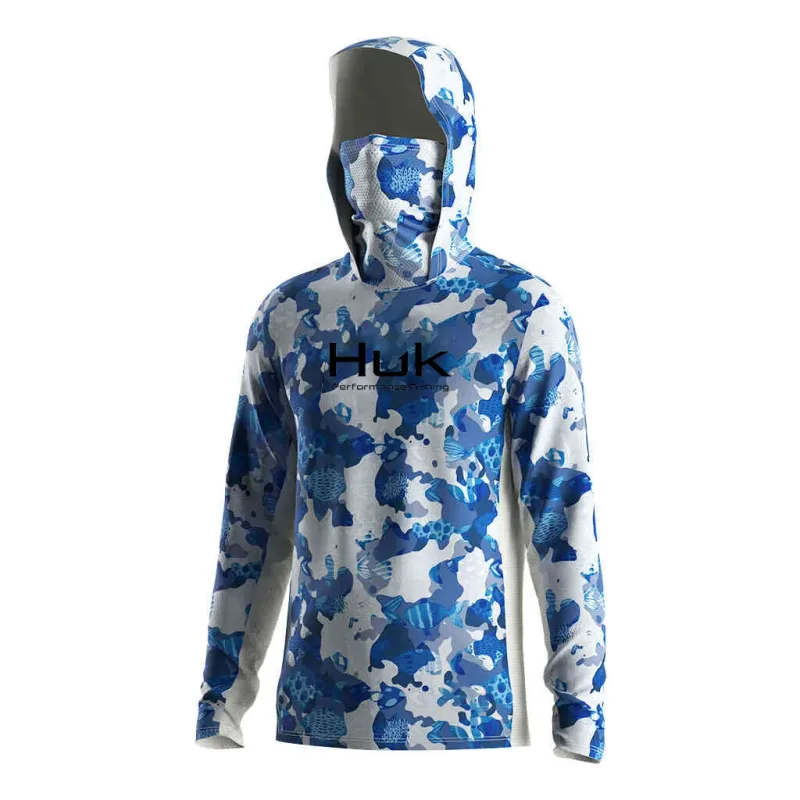 Camisa de pesca moletom com capuz para pesca uv roupas com capuz camisa de pesca roupas masculinas com capuz topo azul-verde — image 12