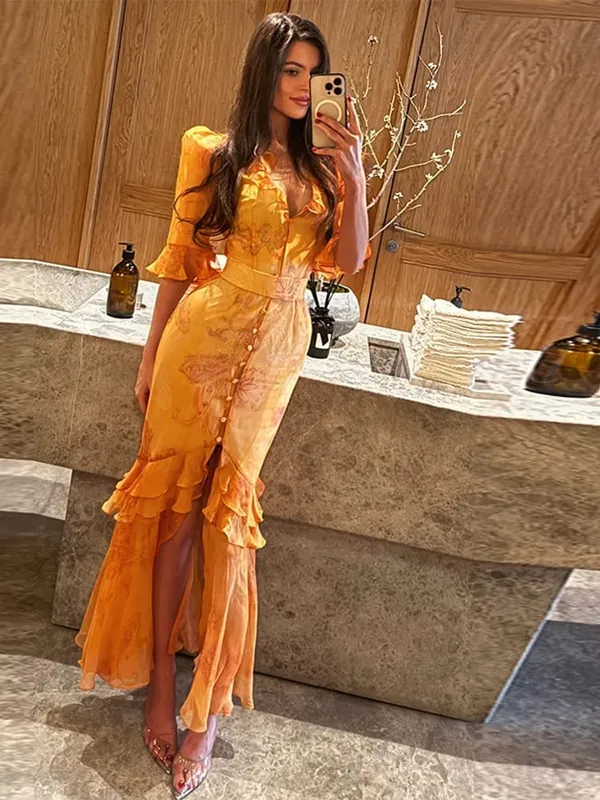 Elegant Ruffle Women's Long Dresses V Neck Half Sleeve Button Waist Cinching Pleated Dress 2026 Spring Lady Fashion Party Robes — image 4