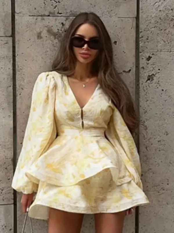 Elegante floral impresso mini vestido feminino chique com decote em v mangas completas único breasted magro a linha vestidos curtos 2026 senhora roupões de festa — image 12