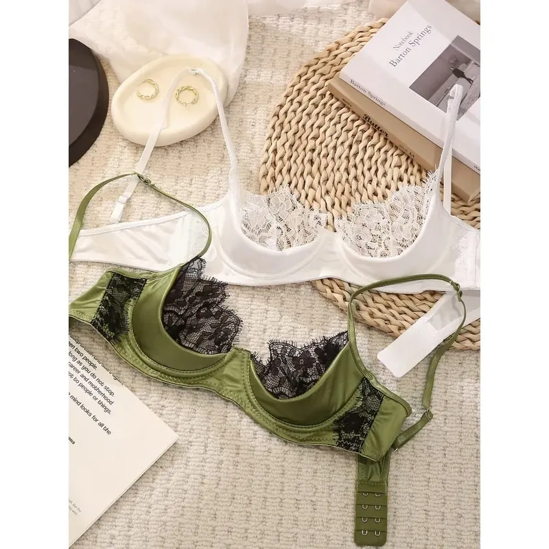 Conjunto de lencería de media copa de encaje francés para mujer, sujetador con aros, suave, transparente, ultrafino, verde, para busto pequeño 32-38AB — image 3