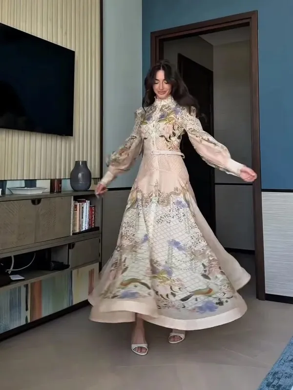Lace Printed Women's Dress Elegant Half High Collar Loose Sleeve Single Breasted Belt Pambabae Skirt 2026 Summer Lady Draped Robe