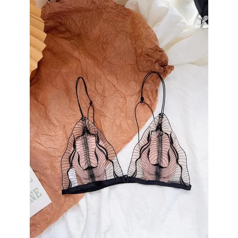 Premium French Triangle Cup Lace Wireless Bra Set Ultra Thin Thin Strap Soft Sexy Backless Lingerie 32‑38 A-B CUP Set — image 7
