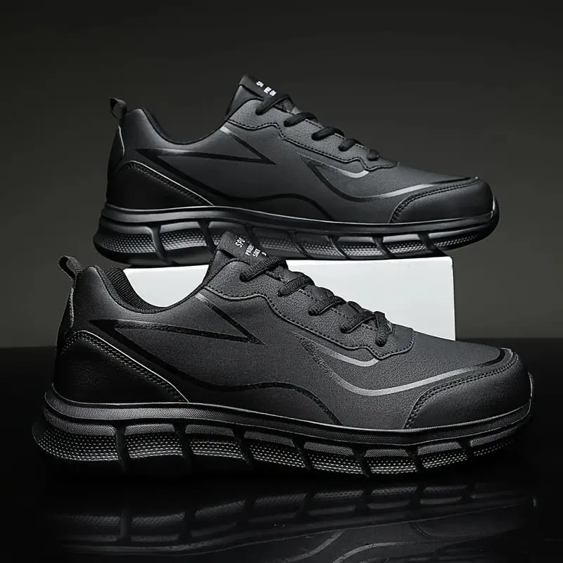 Black Running Shoes Leather Waterproof Athletic Sneakers Men Wear-resistant Men Walking Sport Shoes Comfortable Men Shoes — image 3