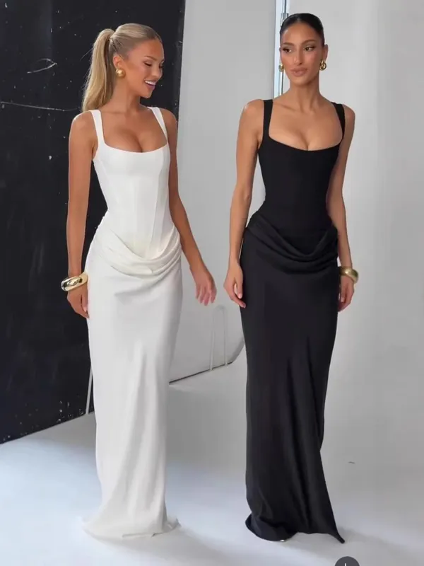 Sexy Backless Ruched Maxi Dress for Women U-neck Sleeveless Bandage Bodycon Black Long Dresses Lady Evening Party Gown — image 2