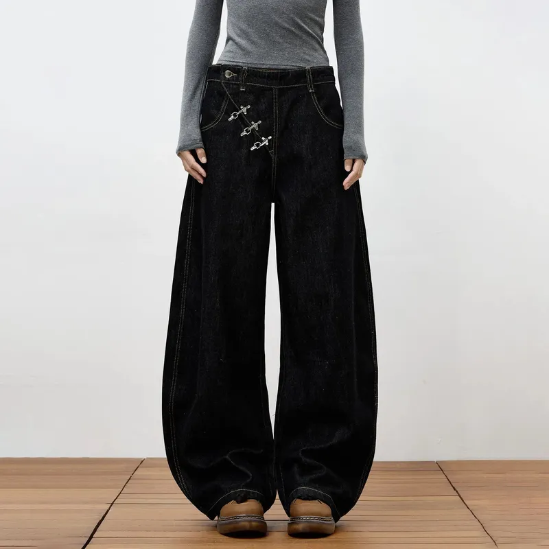 High Retro Hip Hop Wide Leg Raw Denim Jeans Women Airplane Buckle Design Curved Hem Floor Length Jeans Streetwear Daily Clothes — image 9