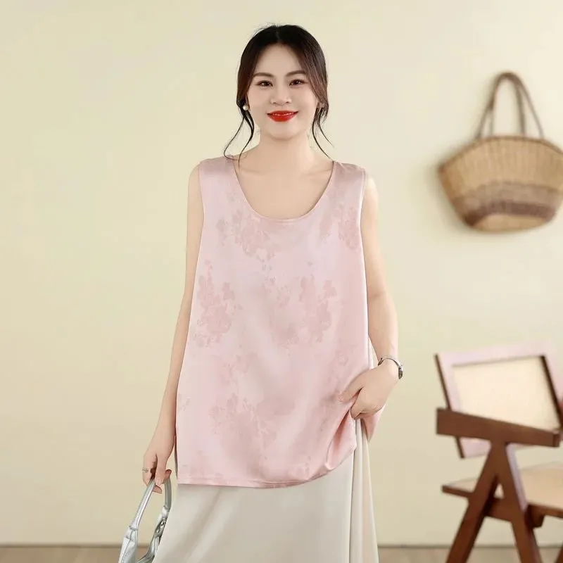 New Chinese Style Jacquard Satin Tank Top Middle Aged Women Loose U Neck Sleeveless Blouse Elegant Acetate Vest For Moms — image 5