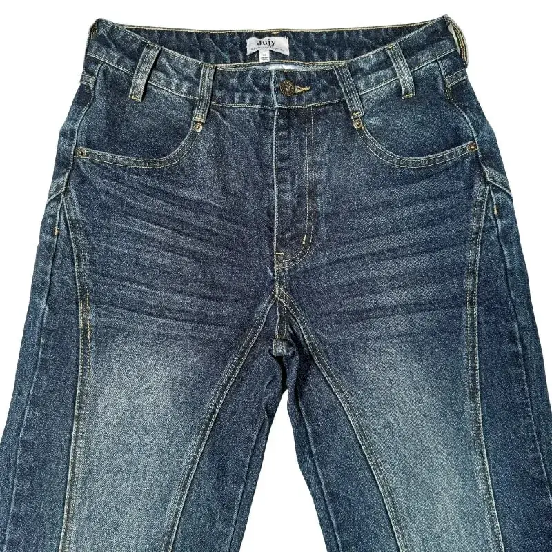 Y2K Vintage Flare Jeans Men Women Dark Wash Denim Pants Mid Waist Split Hem Embroidery Pocket Retro Streetwear Bootcut Trousers