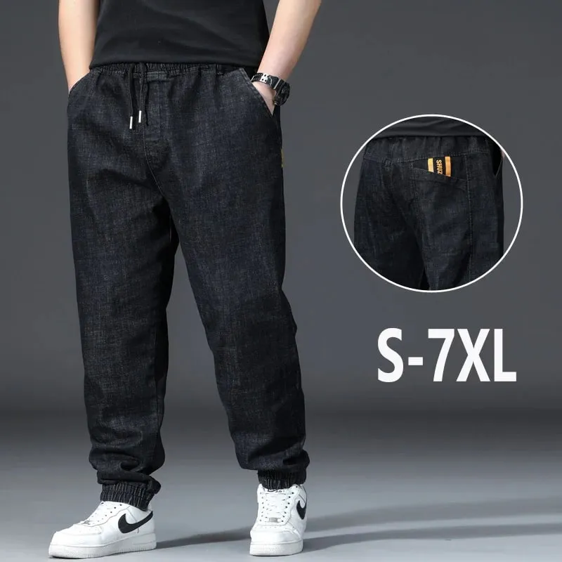Men's Elastic Waist Loose Straight Jogger Jeans Plus Size Cuffed Ankle Denim Pants pantalones hombre Casual Trousers — image 1