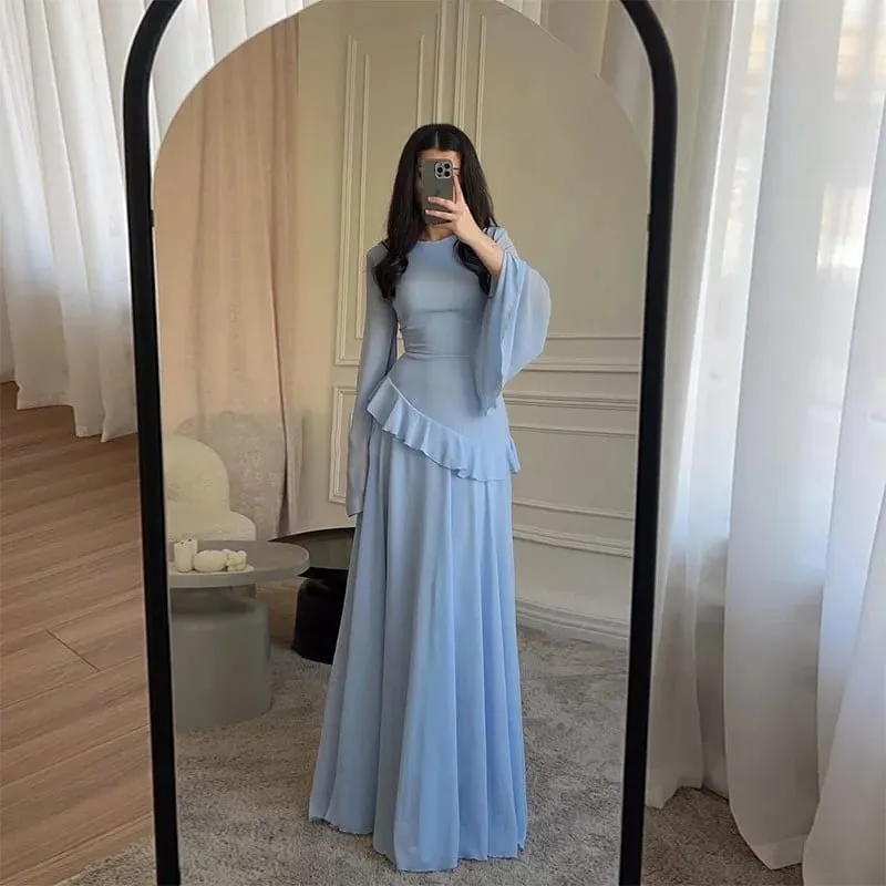 Mulheres chiffon sólido babados vestido alargamento manga em torno do pescoço 2025 novo elegante maxi vestido de festa à noite moda férias senhora — image 2