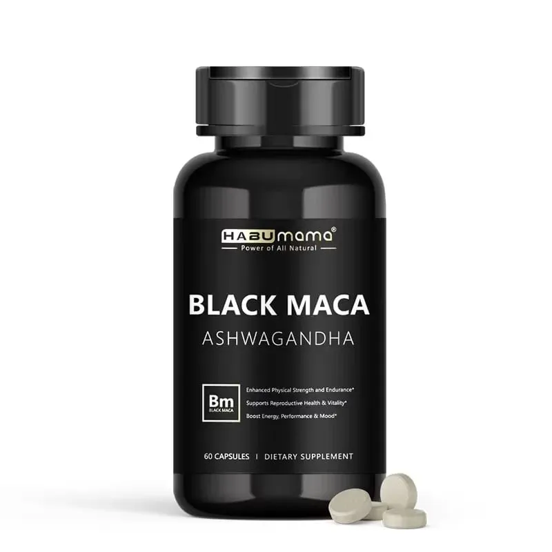 Suplemento orgânico de raiz de maca preta + extrato de ashwagandha para mulheres e homens, resistência à energia ereta - pílulas veganas