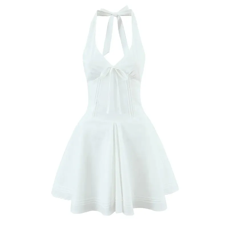Sexy profundo v halter branco mini vestido feminino moda sem costas a linha elegante vestidos de festa verão robe rendas até vestidos