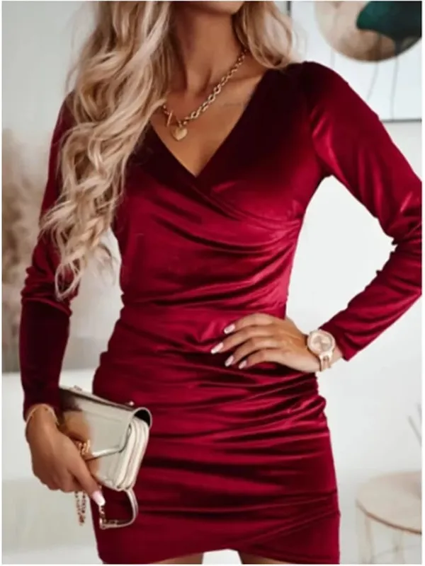 Senhora bodycon cor sólida vestido de veludo feminino com decote em v manga comprida mini vestido outono inverno festa de ano novo vestido de luxo — image 5