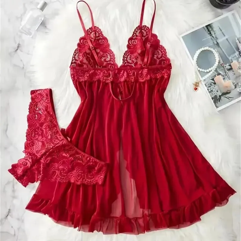 Red Sexy Lingerie Erotic Underwear Sets Transparent Porno Lace Bra And Panty Set Lingerie Women Hot Sleepwear Babydoll Dress — image 2