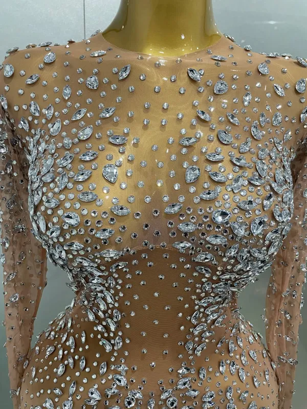 Sexy Shinny Rhinestone Stretch Mesh Transparent Long Dress 2025New Women Evening Birthday Party Prom Nightclub Singer Stage Wear — image 4