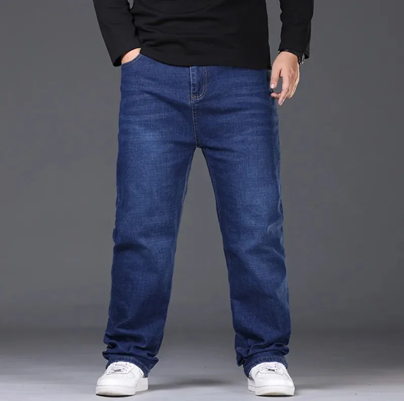 29-50 Sizes Men's Stretch Jeans Straight Leg Denim Pants Extended Sizing Blue Black Streetwear Relaxed Fit For Work Casual New