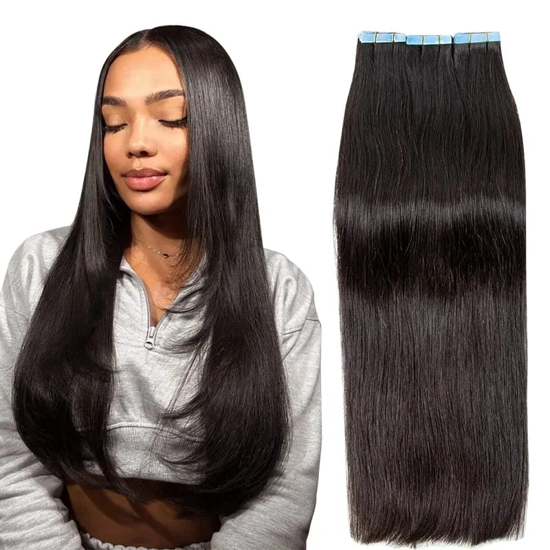 MRS HAIR Silky Straight Tape in Human Hair Extensions Remy Skin Weft Tape in Hair Extension 14 16 18 inch 20pcs/pack 1B Natural Black Tape On Hair