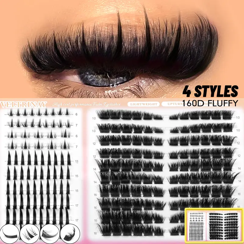 4-in-1 208pcs Lash Clusters 1style Manga Lash+2 style Spiky Botoom Lash+1 style Cat Eye Eyelashes DIY Clusters Lashes