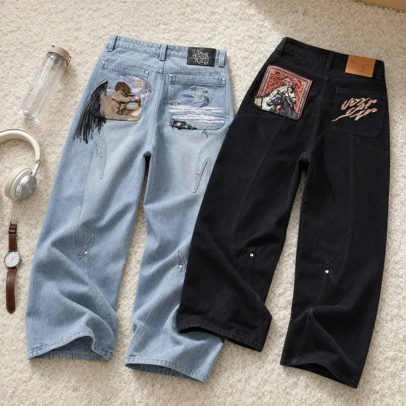 Y2K Black Baggy Cargo Jeans Men Horse Back Pocket Embroidery Cursive Wild Ride Distressed Cut Out Wide Leg Casual Denim Trouser