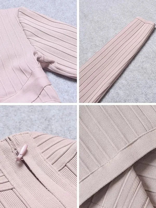 Sexy Red Bandage Dress 2023 Nude Turtleneck Long Sleeves Office Bodycon Dress Cross Criss Women Midi Vestidos Maxi XL — image 7