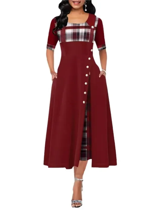 Pambabaeng Irregular Lattice Patchwork Long Dresses Vintage Buttons O Neck Half Sleeves Casual Lady Commuting Dress Fashion — image 6