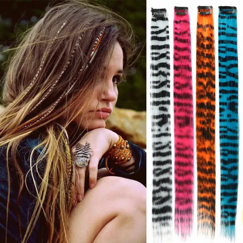 1Pc Clip-in Stripe Printed Synthetic Hair Colorful Long Straight Hair Pieces clip in Hair Extensions for Daily or Christmas wear — image 4