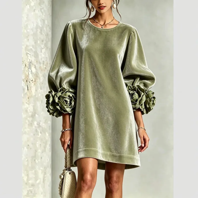 Autumn Winter Women Velvet Mini Dress O Neck Puff Long Sleeve 3D Flower Cuff Decor Loose Casual Hot Hit Fashion Short Dresses — image 8