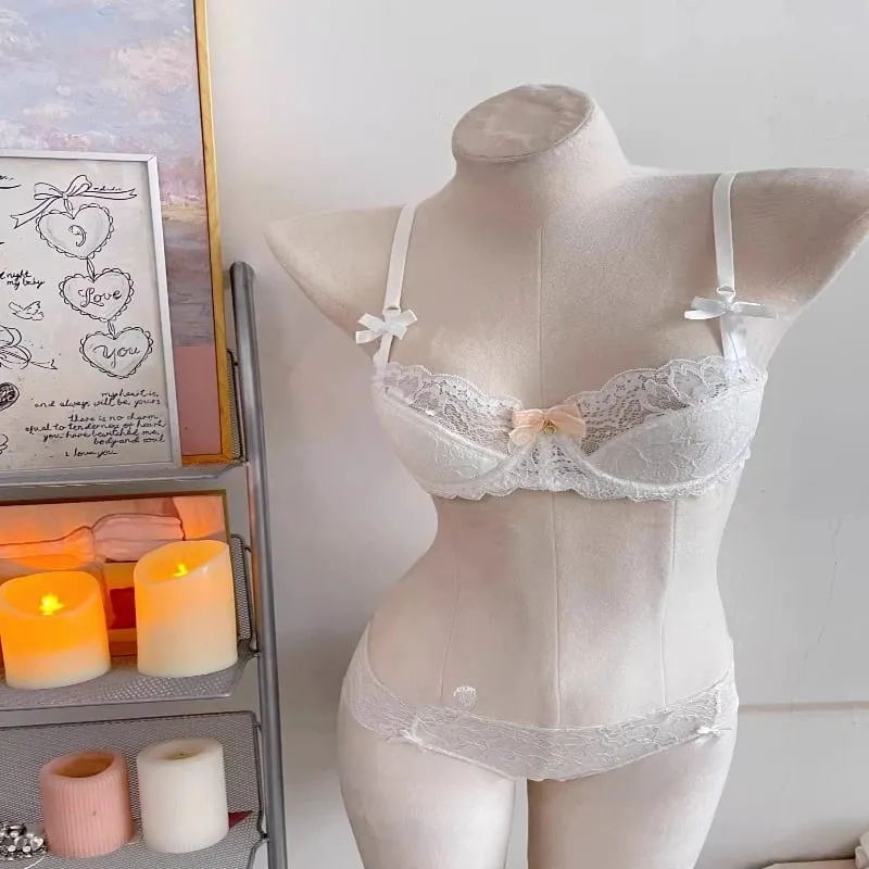 Elegant Lace Half Cup Bra Set Women Soft Underwire Gathered Thin Support Modest Exquisite Lace Comfort Lingerie Set 4 Colors 32- — image 17