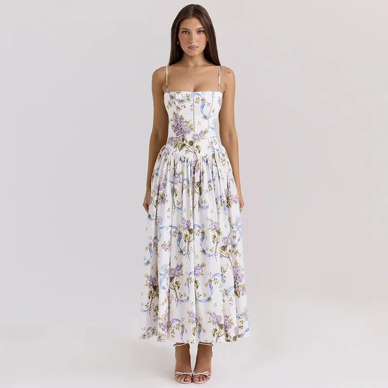 Mingmingxi Summer Floral Print Dress Elegant 2025 New Arrivals Spaghetti Strap Flare Dress Maxi Holiday Party Dresses Babae