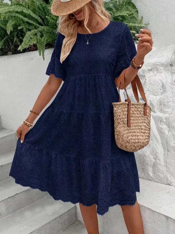 Pambabaeng White Eyelet Embroidery Midi Dress Hollow-out Boho Flowy Ruffle Tiered Dress Casual Short Sleeve Summer Beach Dresses — image 11