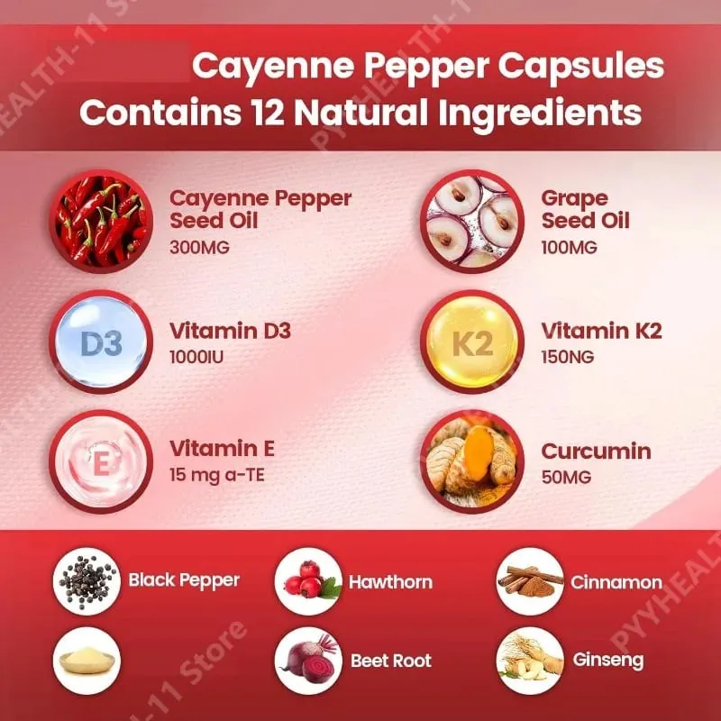 Cayenne Pepper Softgels อาหารเสริมเมล็ดองุ่นบีทรูทขมิ้นวิตามิน D3 K2 สมุนไพรรองรับหลอดเลือดดำขาเลือดเรือสุขภาพ