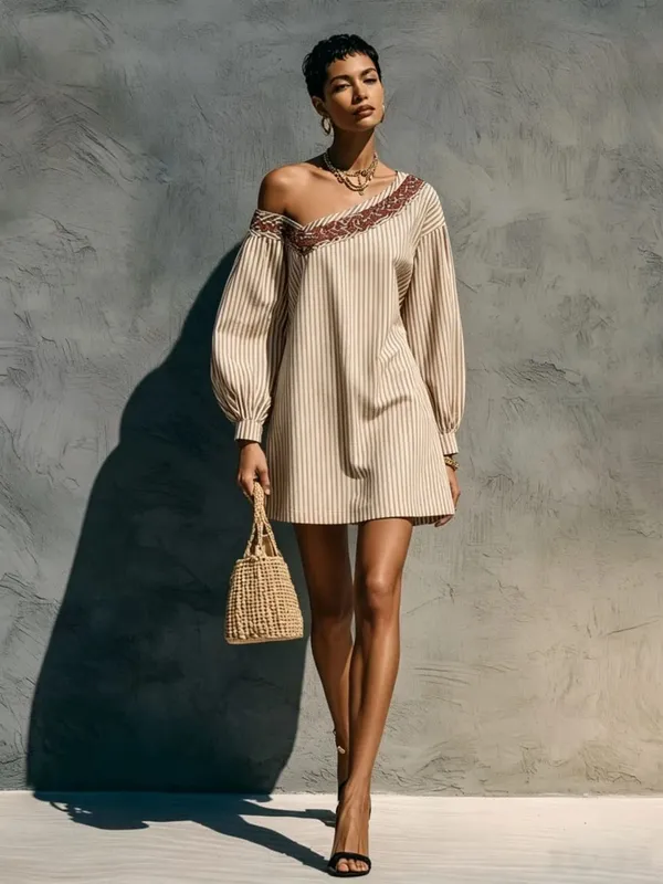 Loose Simple Dress With Stripes Fashionable Autumn Winter Street Style Long Sleeved Embroidered Shoulder Length Short Dresses — image 6