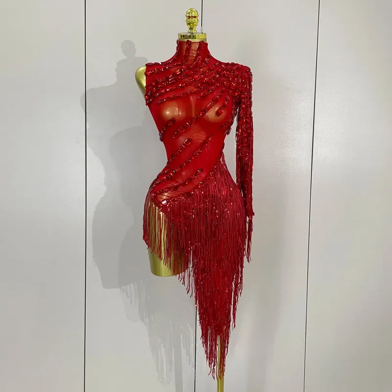 Strass brilhantes borla sexy vestido transparente feminino um ombro roupas de dança latina bar boate festa palco traje — image 2