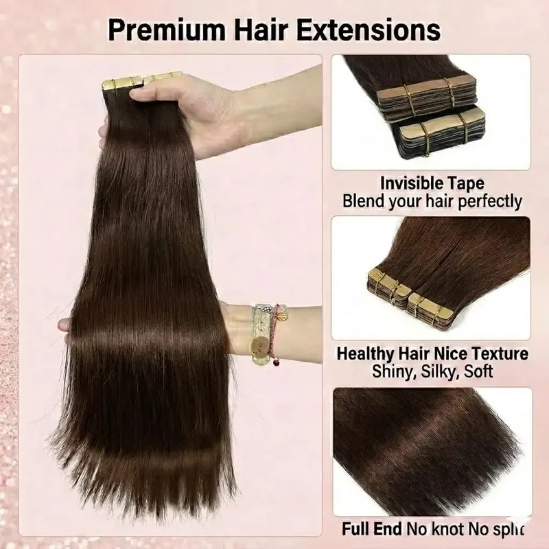 16A Tape In Human Hair Extension Straight Brown 4A# Seamless Invisible Skin Adhesive Colored Raw Virgin Tape In Hair Extensions 84 Pcs-200g 16 18 20 22 Inch — image 4